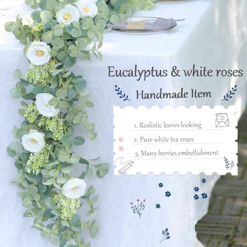 PARTY JOY 2pcs 6.56ft Eucalyptus Garland with Flowers-8 White Roses, Artificial Fake Flowers Greenery Garland Floral Vines for Decoration Party Wedding Table Indoor Outdoor Backdrop Wall Decor(White) - color: White, size: 2PC