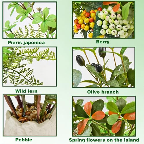 K&Y Realistic Artificial Potted Plants Olive Wild Fern Berry Decor Low Maintenance Faux Greenery Indoor Fake Plants for Home Office Bathroom Kitchen Desk Shelf No Watering Needed (White Vase) - color: White Vase