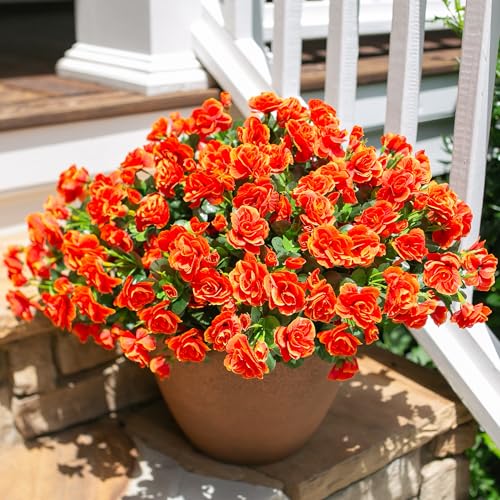 HyeFlora Artificial Faux Outdoor Outside Flowers Plants For Spring Decor, Fake Silk Orange Camellia UV Resistant Look Real for Autumn Planter Front Door Porch Patio Balcony Decoration, 3 Large Bundles - color: Orange