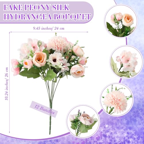 Tigeen Peonies Artificial Flowers Faux Roses Silk Flowers Hydrangea Artificial Bouquet for Wedding Table Centerpiece Floral Vase Home Office Bridal Decor(Purple,Pink,12 Bundles) - color: Purple,pink