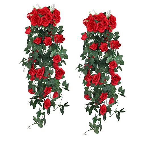 RECUTMS Artificial Red Roses Fake Hanging Flowers Plants, 2PCS 37 Inches Silk Floral Ivy Garland for Indoor Outdoors Home Garden Front Door Porch Wedding Derby Party Arch Valentines Greenery Decor - color: Red, size: 2 pcs