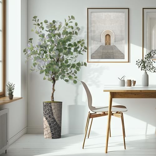 Artificial Tree in Geometric Pattern Planter, Fake Eucalyptus Silk Tree for Indoor and Outdoor Home Decoration - 66" Overall Tall (Plant Pot Plus Tree) - style: Eucalyptus Tree