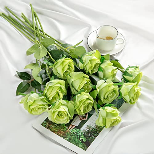 Hawesome 12PCS Artificial Silk Flowers Realistic Roses Bouquet Long Stem for Home Wedding Decoration Party (Green) - color: Green, size: 12Pcs Flowers