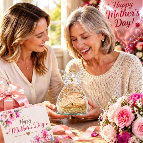 Beferr Gifts for Mom Birthday Gifts for Women, Fresh Flowers for Delivery Forever Preserved Rose in Glass Angel Figurine, Anniversary Christian Real Rose for Grandma Wife Mother from Daughter Son - color: D Champagne