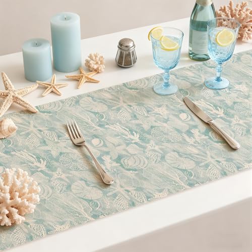 Larponder Summer Ocean Beach Table Runners, 13x72 Inch | Coastal Sea Shell Starfish Table Decoration, for Summer Holiday Kitchen Dinning Coffee Table Home Party Decor - color: Ocean-2, size: 13" x 72" (Rectangular)