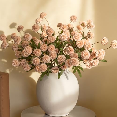 HyeFlora Fake Kiku Flowers, Faux Silk Pompon Mums Artificial Flowers, Chrysanthemum Stems Floral Arrangement Dried Flowers Vintage Decorative Indoor Home Decor Beige (Vase not Included) - color: 8pcs-beige