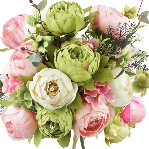 FiveSeasonStuff Artificial Peony Bouquet, Pink, Beige & Green Silk Flowers for Wedding Centerpieces, Bridal Bouquets & Home Decor – Spring Waltz - color: Pink Beige Green