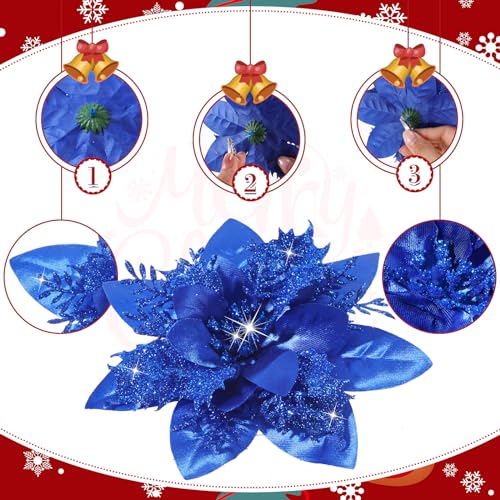 Geosar 36 Pcs Christmas Glitter Artificial Poinsettia Flowers Xmas Poinsettia Artificial Wedding Flowers Decorations Xmas Tree Ornaments with Clips for Party, 6 Inch, 4 Inch, 3 Inch(Royal Blue) - color: Royal Blue