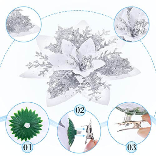 36 Pcs Christmas Glitter Artificial Poinsettia Flowers Xmas Poinsettia Artificial Wedding Flowers Decorations Xmas Tree Ornaments with Clips for Party, 6 Inch, 4 Inch, 3 Inch(Silver and White) - color: Silver and White