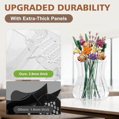 Vase for Lego Flowers Bouquet, for Mom, Acrylic Display Holder Compatible with Lego Botanical Collections Roses Sunflowers, for Lego Flower Building Set Lovers, Crystal Clear