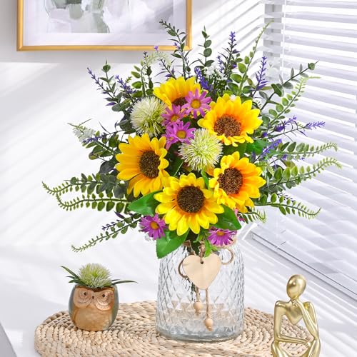 MARTINE MALL Fake Flowers in Vase, Sunflowers Artificial Flowers, Faux Flowers in Vase Centerpiece Table Decorations Silk Sunflower Bouquet Table Centerpieces for Dining Room Coffee Table Decor - color: Yellow Sunflower