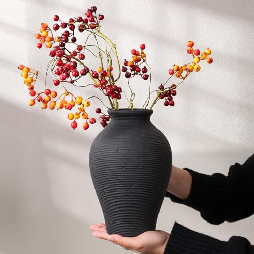 Ceramic Flower Vase Home Decor, 9 in Farmhouse Table Vases Rustic Vintage Living Room Kitchen Bedroom Pottery Decorative Vases for Flowers House Book Shelf Office Coffee Desk Dining Entryway, Black - color: 9 in - Black