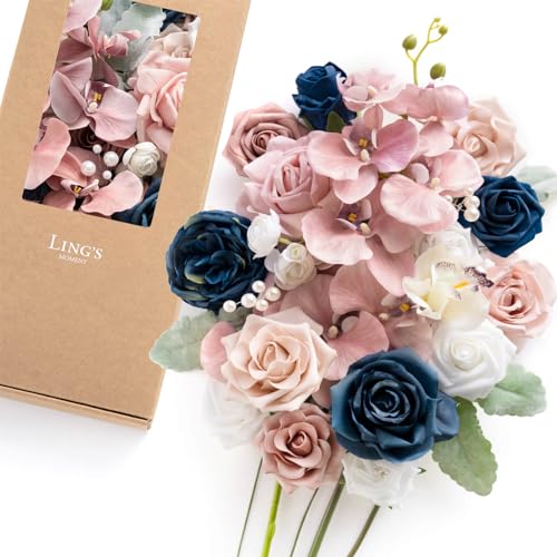 Ling's moment Fake Flowers Box, Faux Artificial Greenery Stems Foam Roses Silk Orchid Ranunculus Fabic Flower for Centerpieces Bouquet Wedding Vase Decorations, Dusty Rose & Navy, Deluxe Combo - color: Pk-dusty Rose & Navy, size: Deluxe