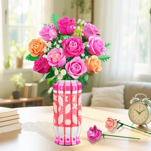 CUBIMANA Pink Rose Bouquet Building Set with Vase & LED Light, 3.6MM Mini Flower Building Kit for Adults, Artificial Floral Decor for Home Office Bedroom, Birthday Day Gifts for Women Mom Wife