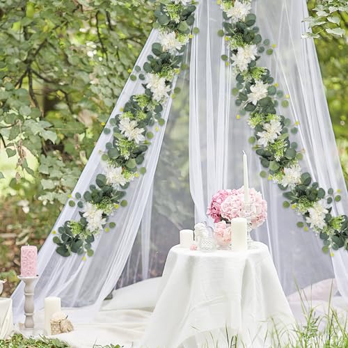 Dremisland Artificial Flowers Garlands 4 Pack 24Ft Eucalyptus Garlands with Flowers Dahlia Flower Vines Hanging Floral Garland for Wedding Arch Bedroom Home Wall Backdrop Room Decor - size: 4PCS
