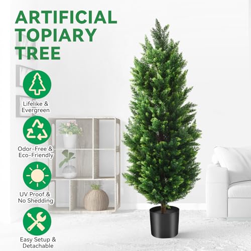 4FT Artificial Topiary Cedar Trees 2 Set, Fake Trees Outdoor Indoor UV Resistant Faux Bushes Artificial Shrubs for Garden Home Front Door Office Decor