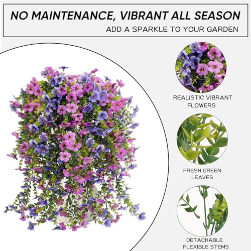 6 Bundles Artificial Flowers for Outdoors, UV Resistant Fake Hanging Flower, Realistic Silk Flowers for Indoor Outside Garden Patio Balcony Farmhouse Porch (Blue, Purple) - color: Blue&purple