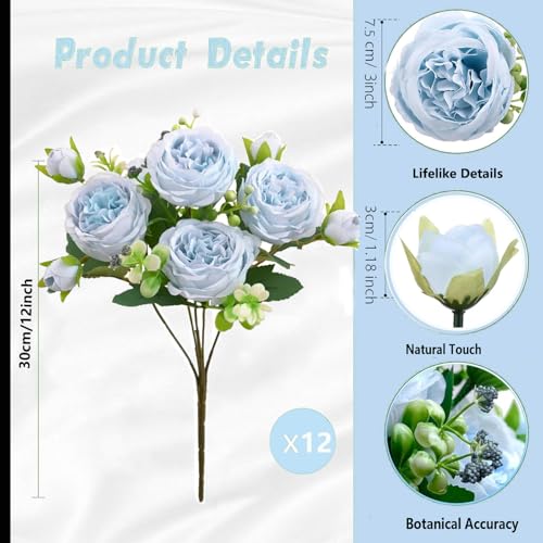 Peonies Artificial Flowers 12 Bundles Pink Flowers Bouquet, Lifelike Silk Fake Peonies with Stems for Home Table Centerpieces, Wedding, Party & DIY Bridal Floral Arrangements (Blue) - color: Blue