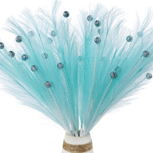 Christmas Tree Picks Decorations Set of 4 Sequins Ball Sprays 17" Artificial Furry Reed Grass Stems Fluffy Pampas Branches Feather Tails for Vase Fillers Flower Arrangements Tree Topper (Light Blue) - color: Light Blue