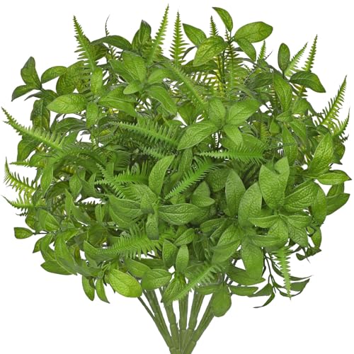 GnFlus Artificial Fern Mint Leaves Stems Mix Plants 5pcs Realistic UV Resistant Fake Greenery Plants and Branches for Decor Home Indoor Outdoor Garden - color: Fern and Mint