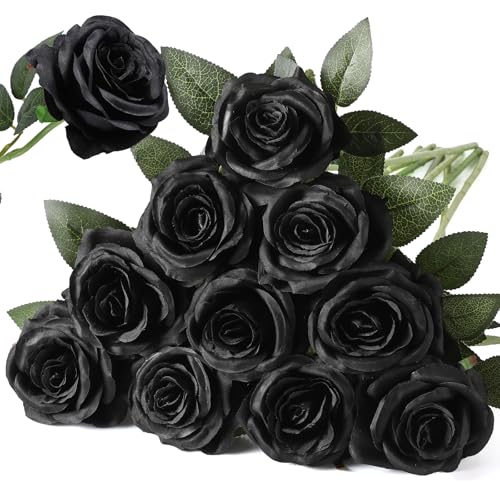 Nubry Artificial Silk Rose Flower Bouquet Lifelike Fake Rose for Wedding Home Party Decoration Event Gift 10pcs (Black) - color: Black