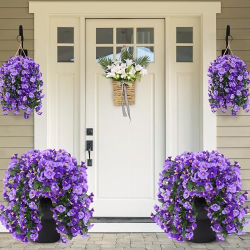 Sggvecsy Artificial Fake Hanging Flowers Plants Outdoor Outside Spring Summer Decoration 4PCS Faux Silk UV Resistant Morning Glory Trailing Vines for Home Porch Patio Balcony(Purple & Light Purple) - color: Purple & Lignt Purple, size: 4Pcs