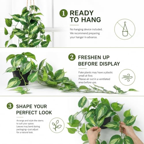 Realistic Artificial Pothos Vines with Pots - Fake Hanging Plants for Indoor Decor, Low Maintenance Silk Faux Greenery(2 PCS)