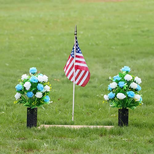 LVXINLI 2 Sets Artificial Cemetery Flowers,Memorial Flowers,Beautiful Arrangements for Headstones,Black Plastic vase with Drainage Hole Long Spikes Outdoor Memorials (Blue and White)… - color: Blue and White