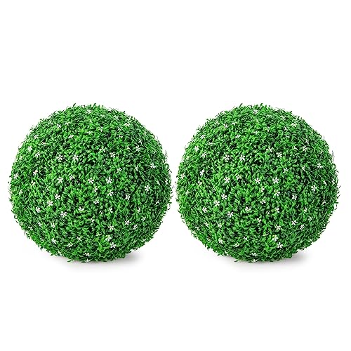 Goplus 2 PCS 19.5 Inch Artificial Plant Topiary Ball, Round Holly Faux Boxwood Balls Outdoor with White Flowers, Garden Spheres Decorative for Front Door, Porch, Backyard, Balcony, Patio, Wedding - size: 19.5 Inch