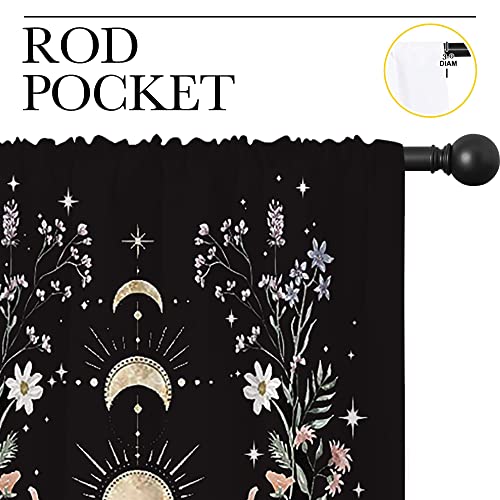 Boho Yellow Floral Wildflower Rod Pocket Blackout Curtains for Teen Bedroom,Moon Phase Moonlit Garden Witchy Gothic Aesthetic Thermal Insulated Home Window Drapes for Living Room Darkening,42x45in - color: Boho Yellow Floral Wildflower-006, size: 42"W x 4