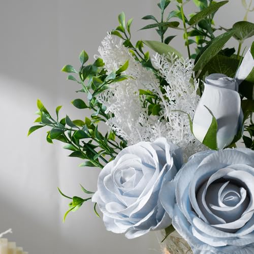 Fake Flowers with Vase Silk Rose Flowers in Vase Eucalyptus Flowers Arrangement Suitable for Home Office Decoration, Dining Table Centerpiece (Rose-Blue) - color: Rose-blue