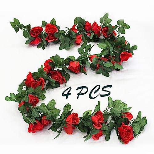 4 Pack Artificial Rose Vine Garland Fake Roses Flowers Plants Vines Hanging Floral Leaves Decoration for Wedding Party Table Garden Arch Wall Home Room Decor(Red) - color: Red, size: 【4 Pcs】