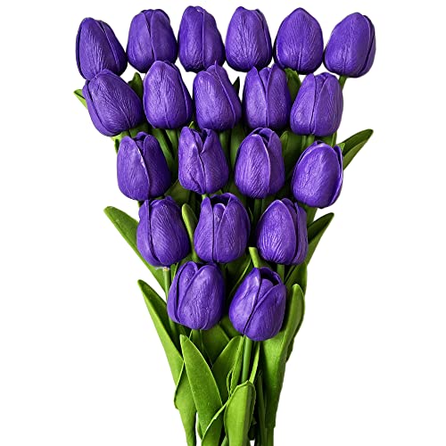 UKELER 24 Pcs Artificial Tulip Flowers Purple Fake Tulips with Stems Real Touch PU Tulips for Wreath Wedding Bouquets Table Centerpiece Floral Arrangement Home Decoration - color: Dark Purple