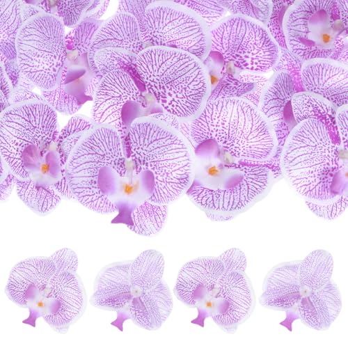 M METERXITY 20-Pack Artificial Orchid Flower Heads, Silk Faux Butterfly Flowers Head for Wedding/Bouquet/Bridal/Party Decor, Fake Phalaenopsis Petals Bulk [3.54 Inch, Dot Purple] - color: Dot Purple, size: 3.54 Inch