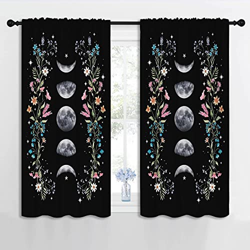 Boho Floral Wildflower Rod Pocket Blackout Curtains for Boy Girl Bedroom, Moon Phase Moonlit Garden Witchy Gothic Aesthetic Thermal Insulated Home Window Drapes for Living Room Darkening, 42x45 inch - color: Boho Floral Wildflower-002, size: 42"W x 45"L (