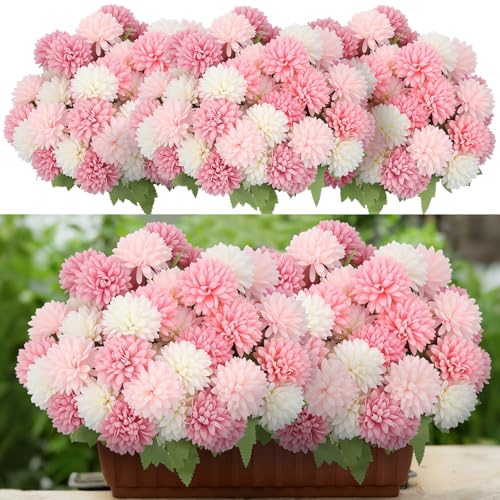 XunYee 12 Pcs Pink Artificial Flowers for Outdoor Spring White Pink Faux Flowers Spring Fake Silk Chrysanthemums Bouquet for Garden Porch Window Patio Floral Arrangement Wedding Home Table Decor - color: Pink