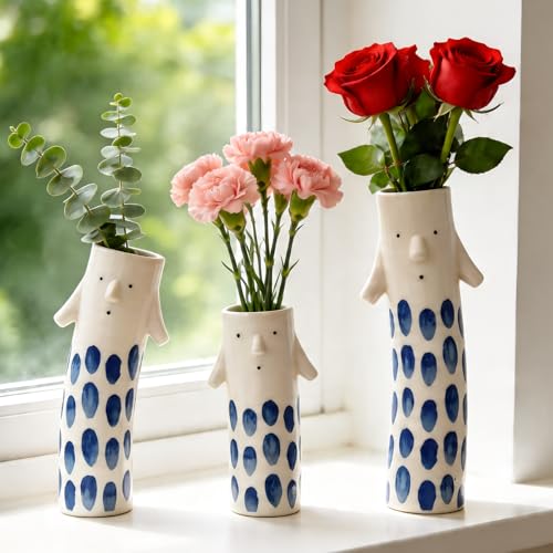 MOUGIGI Cute Family Face Vases Set of 3 - Unique Ceramic Bud Vases for Small Flower - Fun Modern Aesthetic Decor for Home - Pretty Decorative Flower Holder for Women and Kids for Spring - color: Family Vase Blue-3pcs