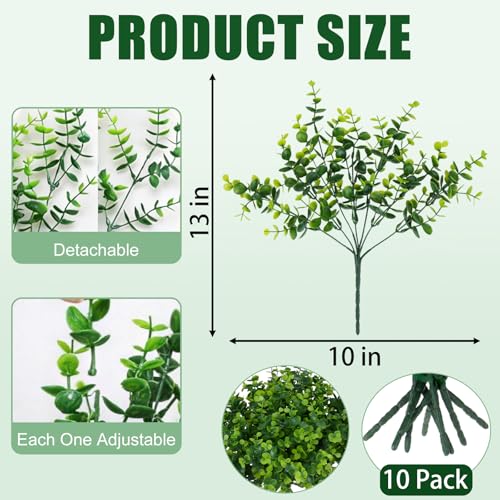 10 Bundles Fake Eucalyptus Branches, Artificial Greenery for Indoor Outdoor Decor - Realistic Faux Plants Stems for Vase, Wedding, Porch Planter and Table Centerpiece Arrangements Decoration - color: Green-10