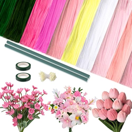 Peryiter 1402 Pcs Pipe Cleaners Flowers Set 1000 Pcs 10 Colored 12 Inch Chenille Stems for Tulip Bouquet Making Art DIY Craft Projects Creative Gift Party Wedding Decorations(Pink Flower) - color: Pink Flower