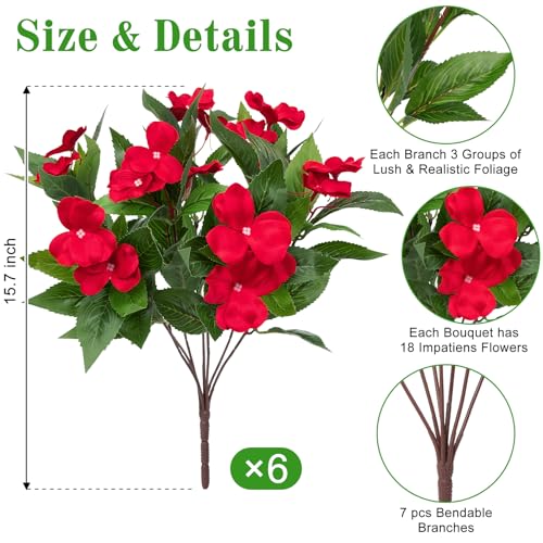 Artificial Flowers for Outdoors Decorations, 6 Bundles Realistic Impatiens Silk Faux Flowers UV Resistant Fake Plants for Outside Pot Patio Garden Porch Planters Window Box Balcony Indoor Home Decor - color: Red