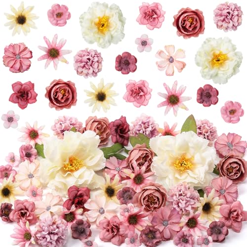 Thiccywoov 250 Pcs Artificial Flowers Heads Bulk Mini Silk Mix Flowers Fake Peony Daisy Rose Multicolor for Blossom Wreath Bouquets Wedding Home Decorations Party Craft Garland DIY(Pink) - color: Pink