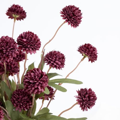 Laelfe 5Pcs Burgundy Flowers Artificial Pompon Mum, Fake Kiku Flowers Silk Small Mini Chrysanthemum Ball Faux Mum Decor for Autumn Filler DIY Bouquet Centerpieces Arrangements Shower(Burgundy) - color: Burgundy