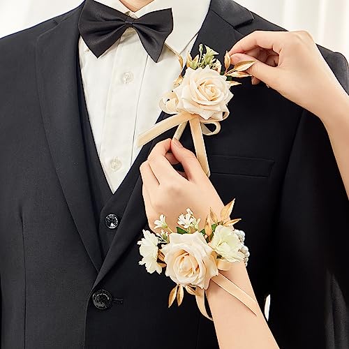 Serwalin Champagne Rose Corsage and Boutonniere Set, 2 Pcs Boutonniere and Wrist Corsage Wristlet Prom Flowers Wedding Ceremony Party Accessories Suit Decorations - color: Champagne, size: 1 Boutonniere & 1 Wrist Corsage - 2pcs