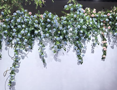 2Pcs 12Ft Bendable Artificial Flower Garland Faux Rose Vine Hanging Floral Garland for Wall Decor Trellis Fence Home Room Garden Wedding Decoration(Blue, 2pcs) - color: Blue, size: 2pcs