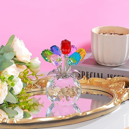Colorful Rose Flower Crystal Figurine with Vase, Bouquet Flowers Ornament Gifts for Wife Girlfriend Women, Handmade Crystal Flower Collectible Home Table Decor for Valentine's Day Wedding Anniversary - color: Colorful-crystal Rose