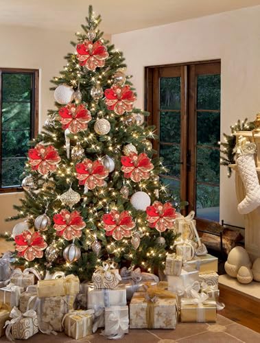 Briful 3PCS Magnolia Artificial Christmas Flower 21.2" Red Gold Fake Magnolia Flower Stems with Specially Designed Mottled Petals Christmas Tree Flowers for Holiday Wreath Garland Xmas Decor - color: Red Gold