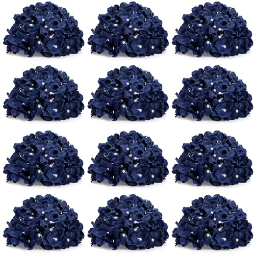 Hydrangea Flower Balls for Centerpieces - 12 PCS Artificial Floral Arrangement with Base, 8.27 Inch Diameter Fake Silk Kissing Ball for Wedding Table Home Party Decor - Navy Blue - color: Navy Blue-8 Inch-12 Pcs, size: Small Size