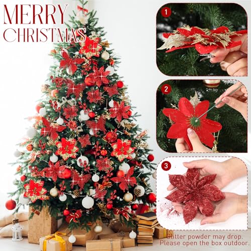 Thiccywoov 122 Pcs Christmas Glitter Poinsettia Artificial Flowers Berry Picks Butterfly Christmas Tree Ornaments 3 Styles Poinsettia kit with Clip for Xmas Wreath Home Tree Decor(Red) - color: Red