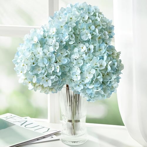 ZYTUYO 3PCS Blue Hydrangea Artificial Flowers 25.6" Large Fake Hydrangeas Flowers with Stems Faux Silk Bouquet for Indoor Home Decor Table Wedding Party Floral Outdoor Centerpieces - color: Lake Blue