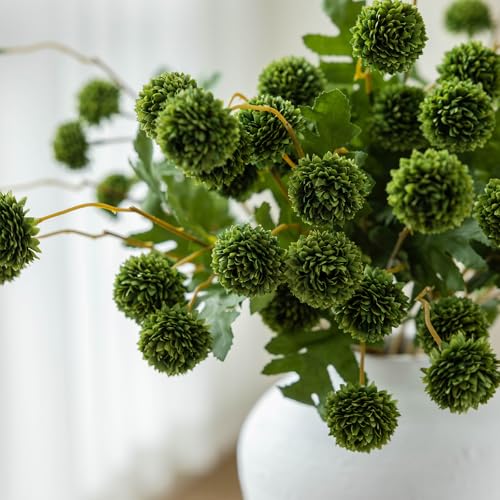 mizii 6Pcs Green Fake Silk Pompon Mum Artificial Flowers Bulk Small Faux Chrysanthemums with Stems Realistic Floral Decorations for Wedding DIY Bouquet Centerpieces Shower Vase Home Decor (Green) - color: Green